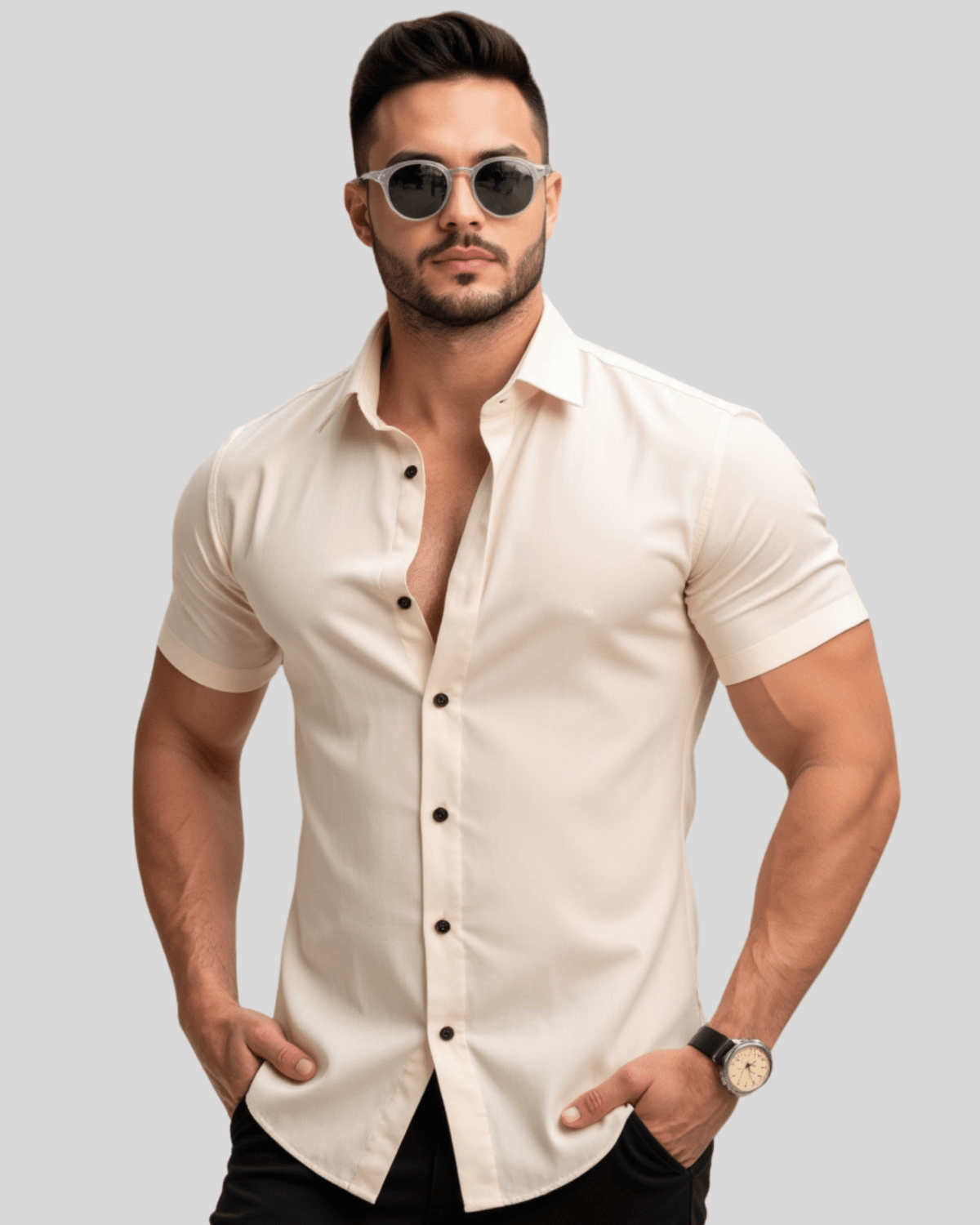 Camisa Social Masculina em Linho e Algodão Premium – Gola Padre | Manga Longa Roupa Alfaiataria Leblon Bege P 