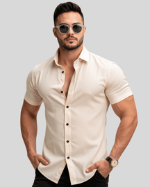Camisa Social Masculina em Linho e Algodão Premium – Gola Padre | Manga Longa Roupa Alfaiataria Leblon Bege P 
