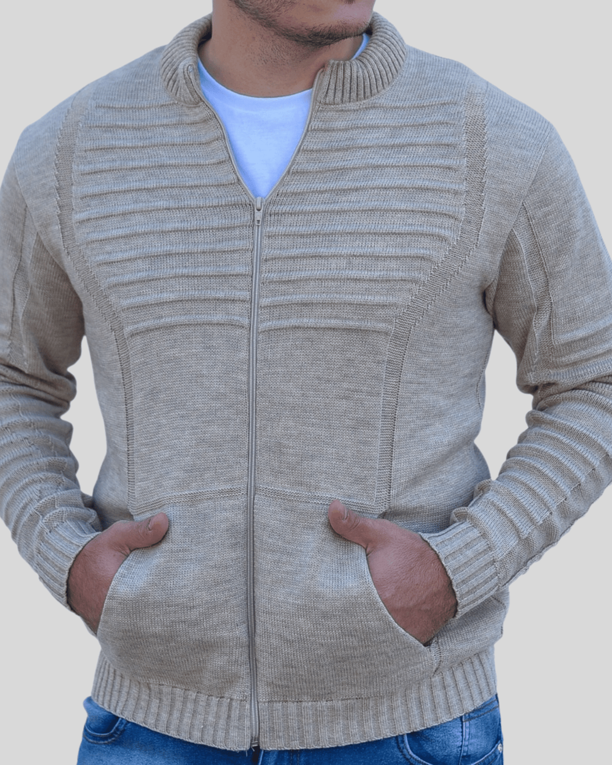 Blusa Suéter Masculino Gola Redonda - Cardigã de Inverno em Tricô Premium Vestuario Alfaiataria Leblon Bege P 