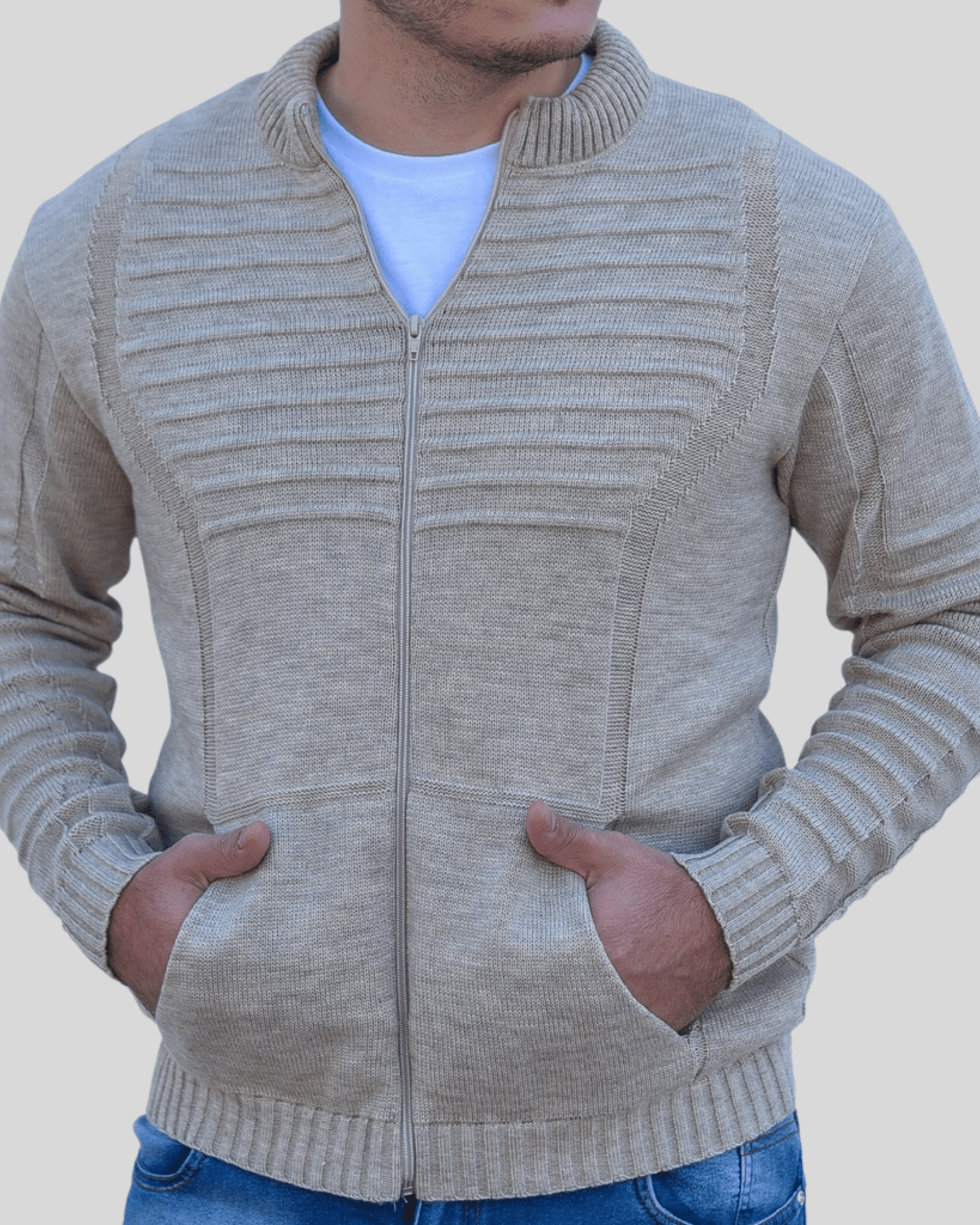 Blusa Suéter Masculino Gola Redonda - Cardigã de Inverno em Tricô Premium Vestuario Alfaiataria Leblon Bege P 