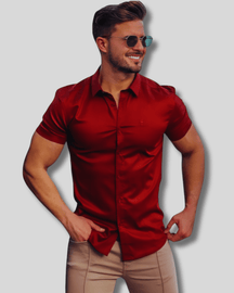 Camisa Social em Linho Premium - Corte Slim Fit (Manga Curta) Roupa Alfaiataria Leblon Vermelho P 