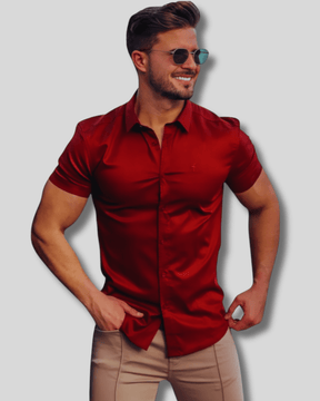 Camisa Social em Linho Premium - Corte Slim Fit (Manga Curta) Roupa Alfaiataria Leblon Vermelho P 