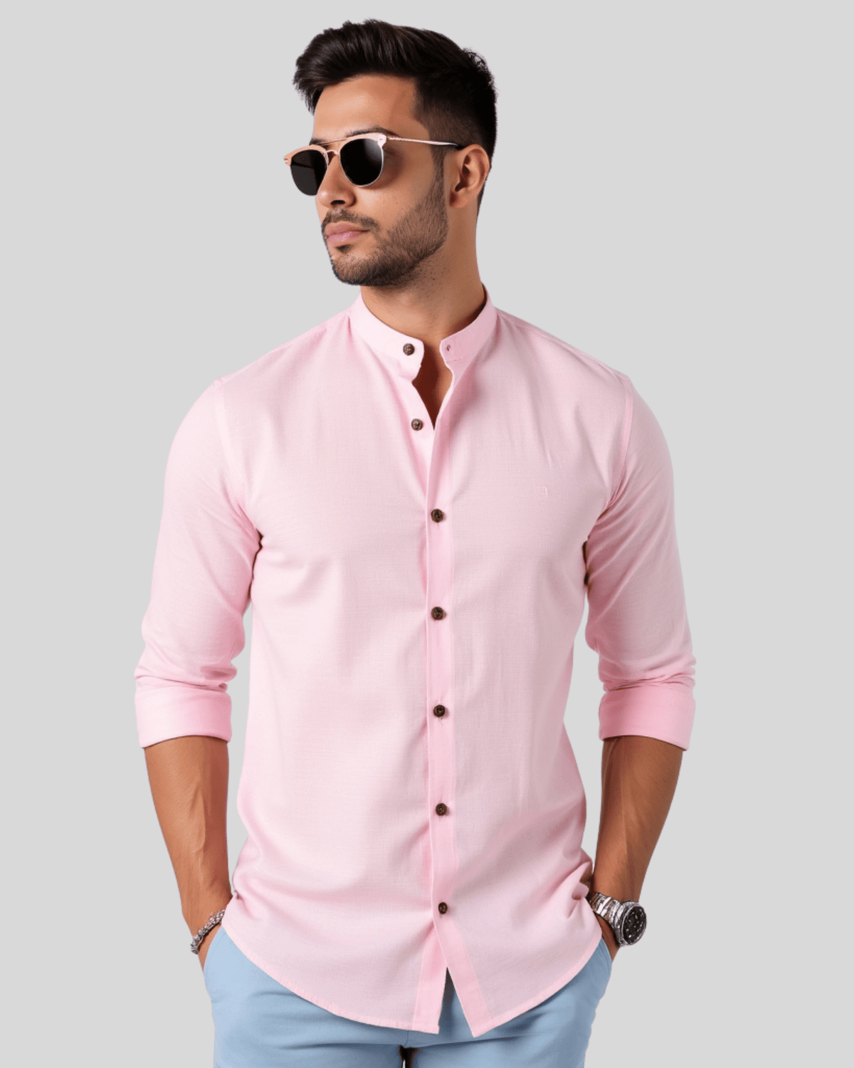 Camisa Social Masculina em Linho e Algodão Premium – Gola Padre | Manga Longa Roupa Alfaiataria Leblon Rosa P 