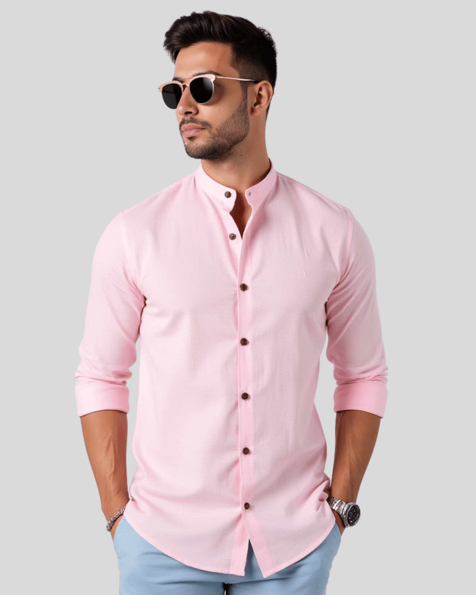 Camisa Social Masculina em Linho e Algodão Premium – Gola Padre | Manga Longa Roupa Alfaiataria Leblon Rosa P 