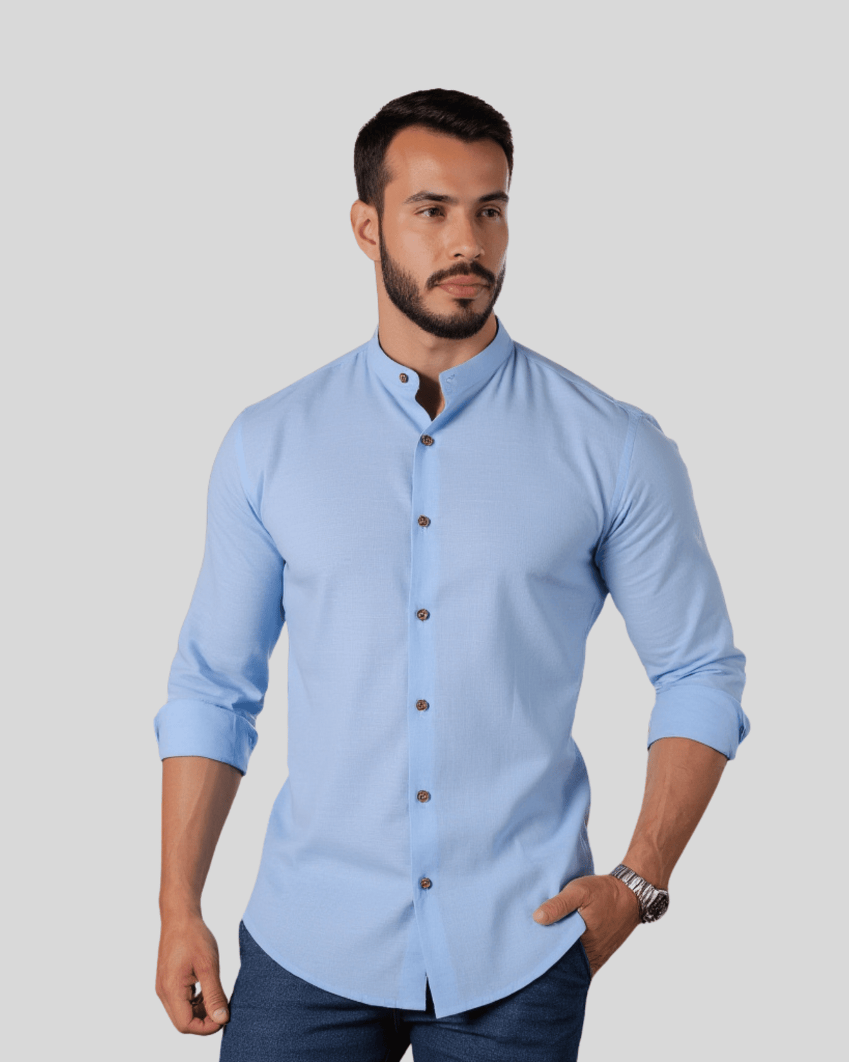 Camisa Social Masculina em Linho e Algodão Premium – Gola Padre | Manga Longa Roupa Alfaiataria Leblon Azul P 