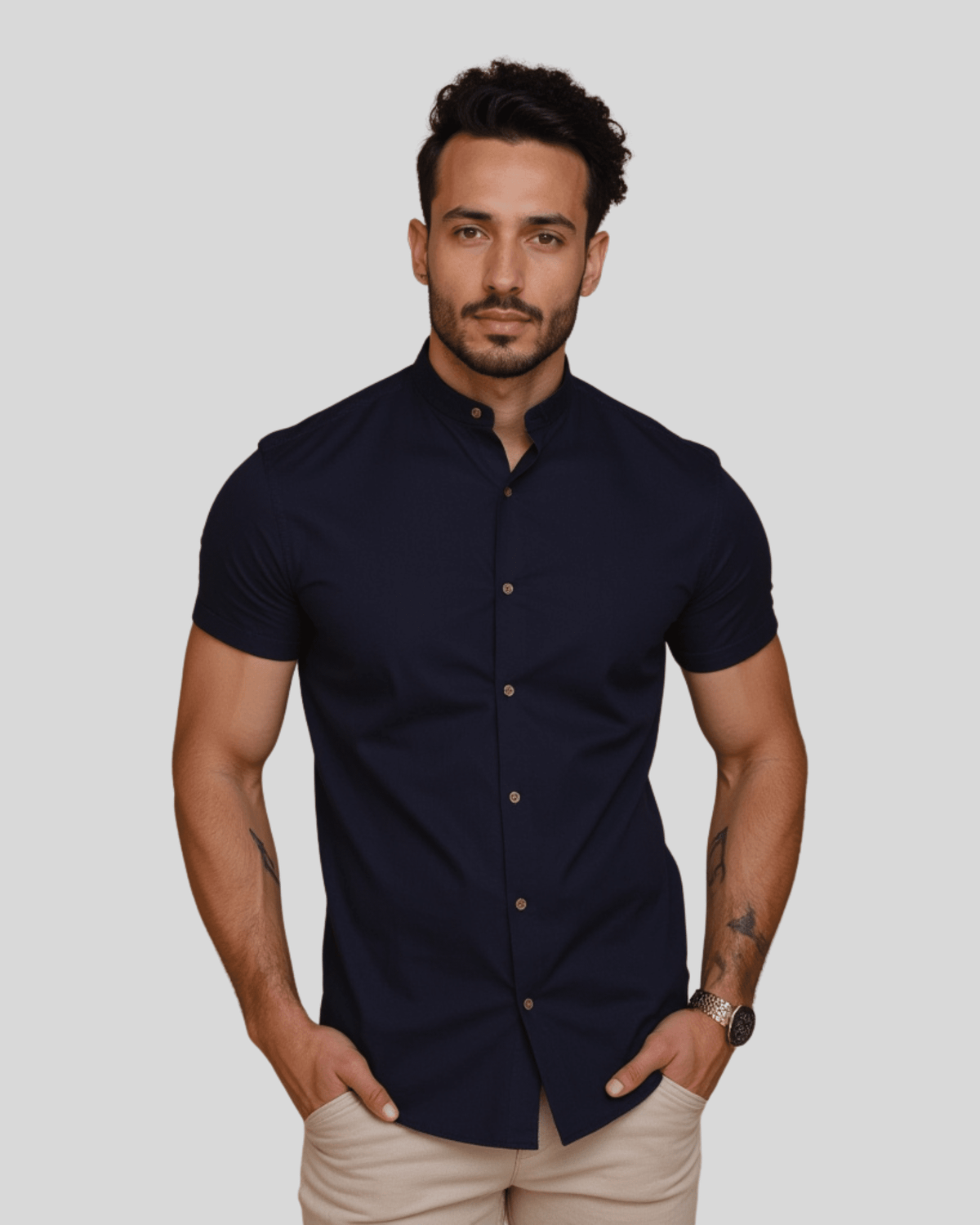 Camisa Social Masculina em Linho e Algodão Premium – Gola Padre | Manga Longa Roupa Alfaiataria Leblon Azul escuro P 