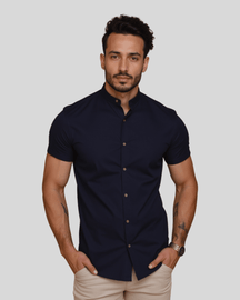 Camisa Social Masculina em Linho e Algodão Premium – Gola Padre | Manga Longa Roupa Alfaiataria Leblon Azul escuro P 